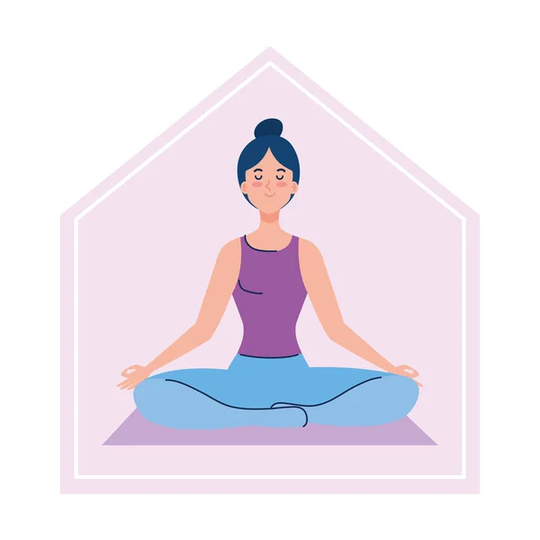 Permanecer en casa, meditando mujer, concepto de yoga, meditación, relax, estilo de vida saludable — Vector de stock