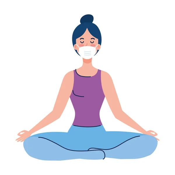 Mujer meditando usando mascarilla médica contra covid 19, concepto para yoga, meditación, relax, estilo de vida saludable — Vector de stock