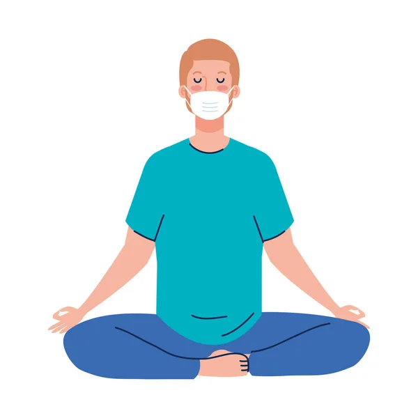 Uomo che medita indossando maschera medica contro covid 19, concetto di yoga, meditazione, relax, stile di vita sano — Vettoriale Stock