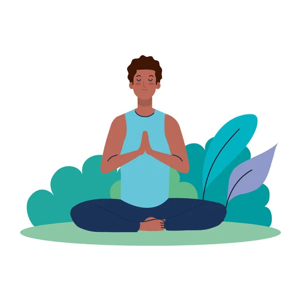 Uomo afro meditando, concetto di yoga, meditazione, relax, stile di vita sano nel paesaggio — Vettoriale Stock