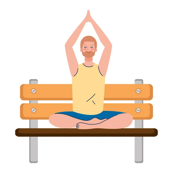 Man mediteren zitten in park houten stoel, concept voor yoga, meditatie, ontspannen, gezonde levensstijl — Stockvector