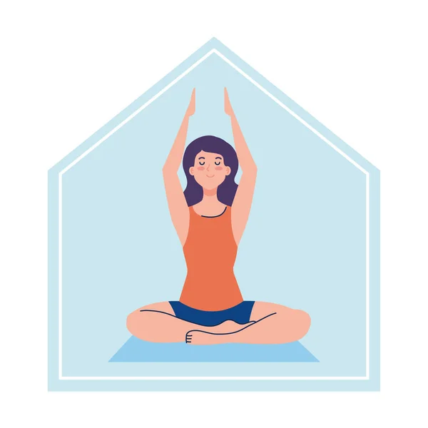 Pobyt doma, žena medituje, koncepce jógy, meditace, relax, zdravý životní styl — Stockový vektor