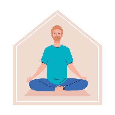 Evde kal, erkek meditasyonu, yoga, meditasyon, rahatlama, sağlıklı yaşam tarzı konsepti