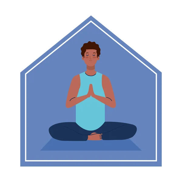 Stare a casa, uomo afro meditare, concetto per lo yoga, meditazione, rilassarsi, stile di vita sano — Vettoriale Stock