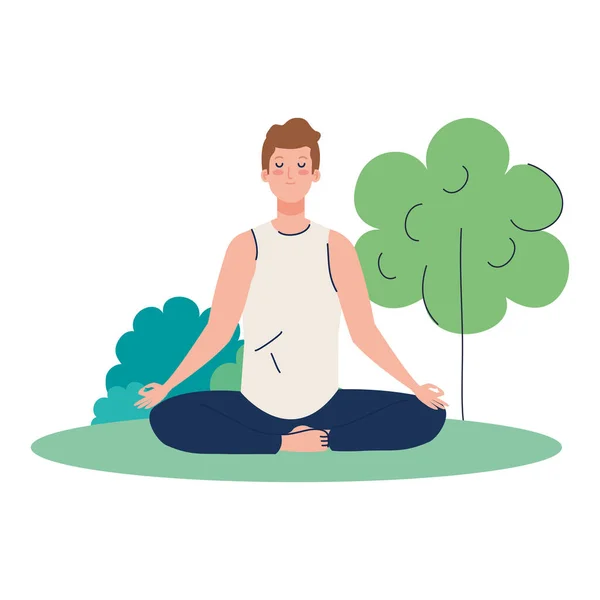 Muž meditace, koncept pro jógu, meditace, relax, zdravý životní styl v krajině — Stockový vektor