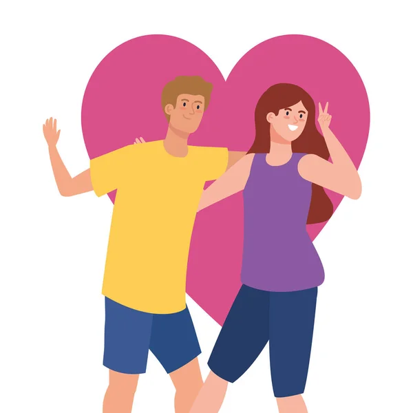 Couple heureux avec fond de coeur, mode de vie sain, fête des vacances — Image vectorielle