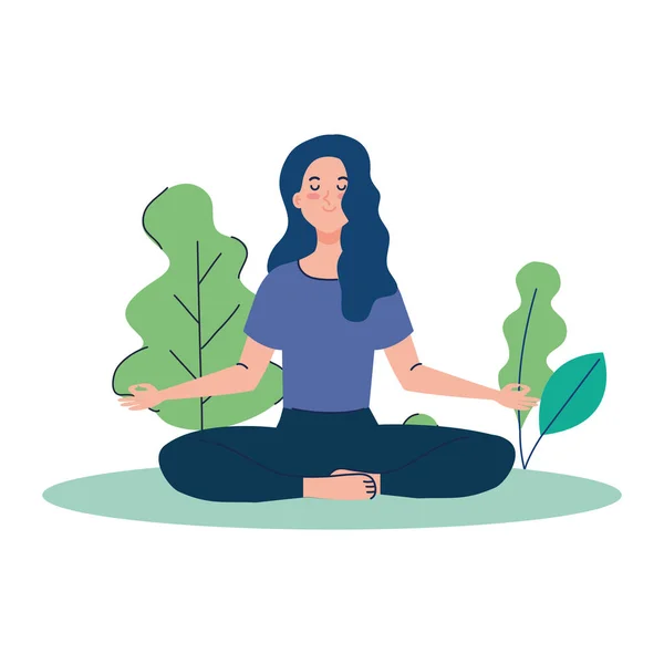 Медитирующая женщина, концепция йоги, медитации, расслабления, здорового образа жизни в ландшафте — стоковый вектор