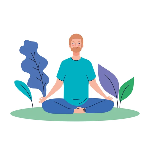 Чоловік медитує, концепція йоги, медитація, розслабтеся, здоровий спосіб життя в ландшафті — стоковий вектор