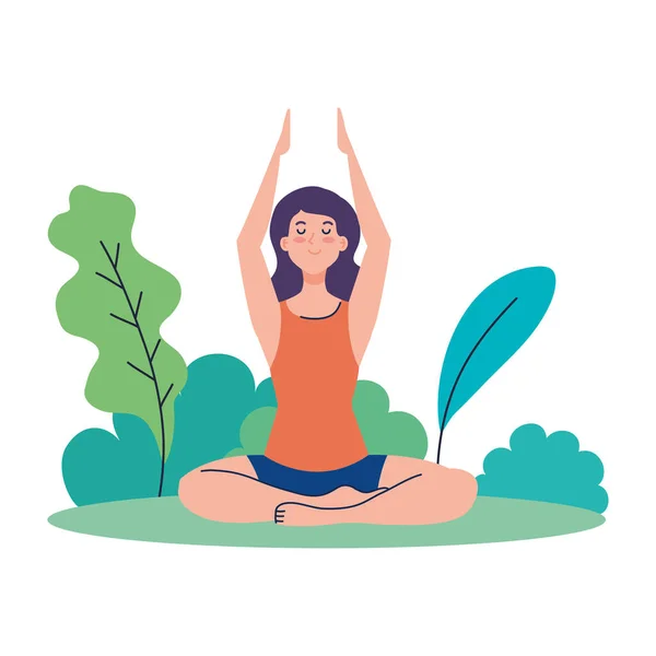 Kobieca medytacja, koncepcja jogi, medytacja, relaks, zdrowy styl życia w krajobrazie — Wektor stockowy