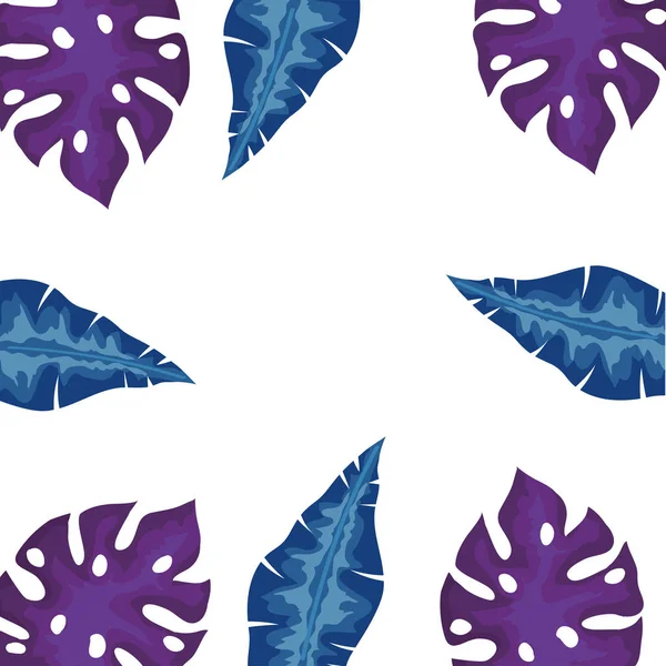 Quadro de folhas tropical cor azul e roxo exótico, conceito de natureza — Vetor de Stock