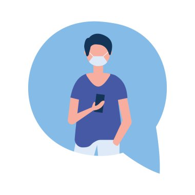 Tıbbi maskeli ve akıllı telefon vektör tasarımlı bir adam.