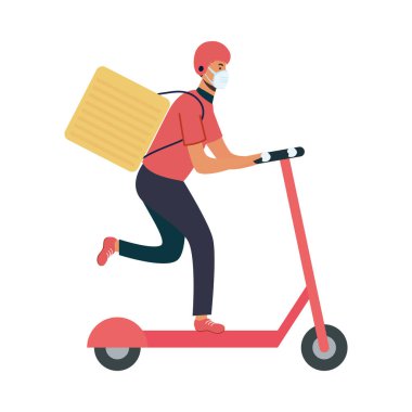 Maskeli kurye scooter ve kutu vektör tasarımlı.