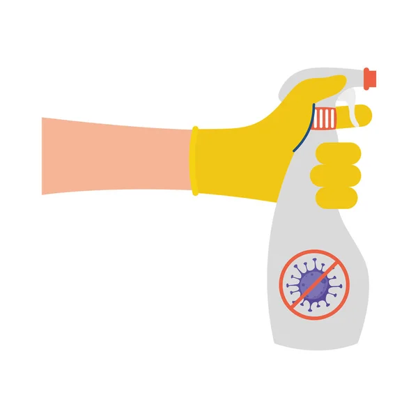 Hand holding spray bottle with covid 19 virus ban vector design — Stock Vector