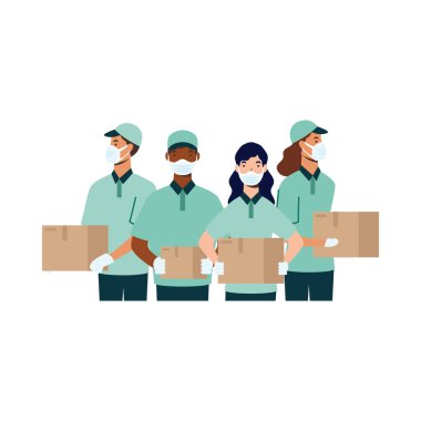 Maskeli ve kutulu vektör tasarımlı kadın ve erkekler.