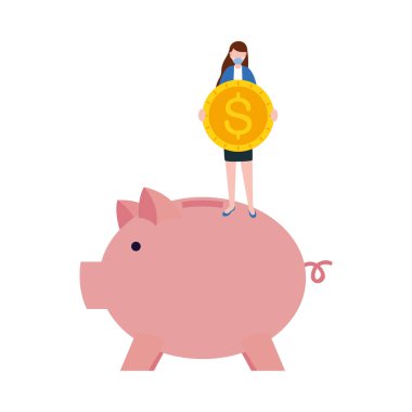 Domuz vektör tasarımında maskeli ve bozuk paralı kadın avatarı