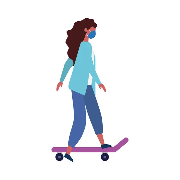 Donna con maschera medica su skateboard design vettoriale — Vettoriale Stock