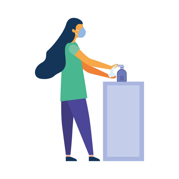 Женщина в медицинской маске моет руки векторным дизайном
