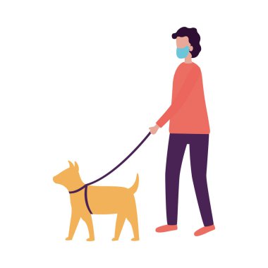 Tıbbi maskeli ve köpek vektör tasarımlı bir adam.