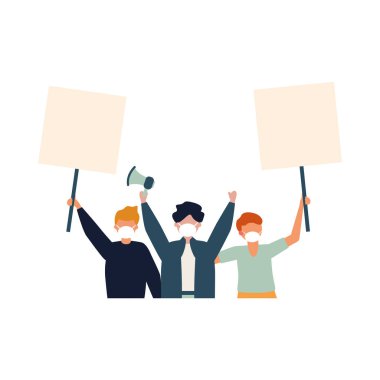 Tıbbi maskeli adamlar pankartlar ve megafon vektör tasarımı