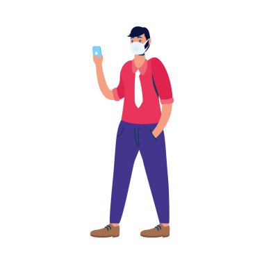 Tıbbi maskeli ve akıllı telefon vektör tasarımlı bir adam.