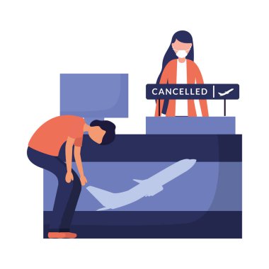 Havaalanı resepsiyonunda tıbbi maskeli kadın ve erkek vektör tasarımı