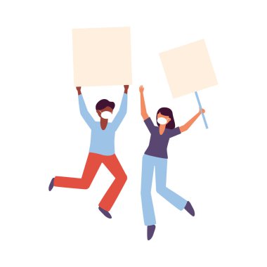 Tıbbi maskeli kadın ve erkek pano taşıyıcı tasarımı