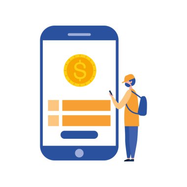 Maskeli akıllı telefon ve bozuk para vektör tasarımlı adam avatarı