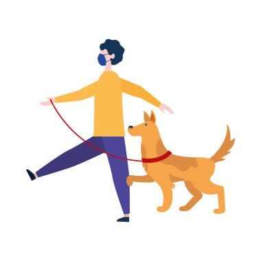 Tıbbi maskeli ve köpek vektör tasarımlı bir adam.