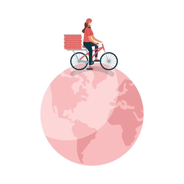Consegna donna con maschera bici e scatole sul design vettoriale mondiale — Vettoriale Stock