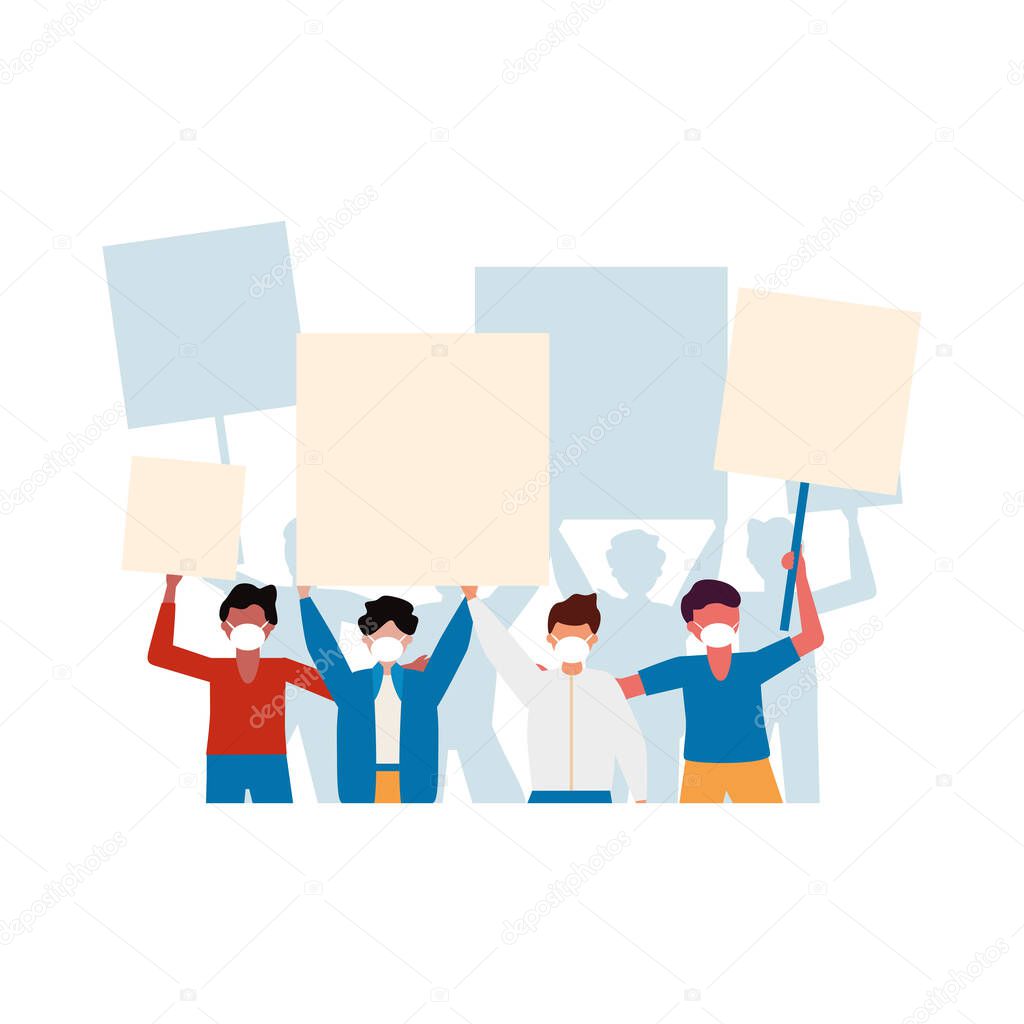 Men with medical masks and banners boards vector design