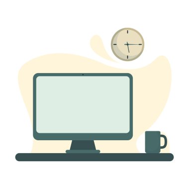 Kahve ve saat vektör tasarımlı bilgisayar