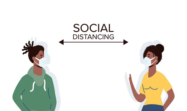 Afro-Paar trägt medizinische Masken und soziale Distanzierung — Stockvektor