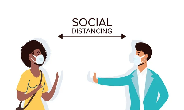 Paar mit medizinischer Maske und sozialer Distanzierung — Stockvektor