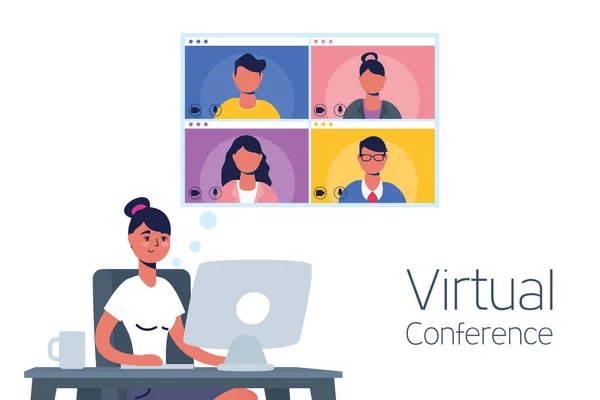 Mujer usando escritorio en comunicación de conferencia virtual — Archivo Imágenes Vectoriales