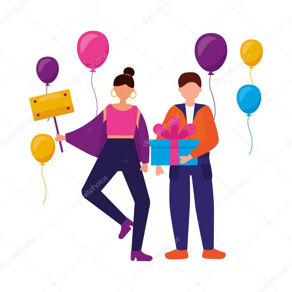 woman and man avatar with gift and balloons vector design