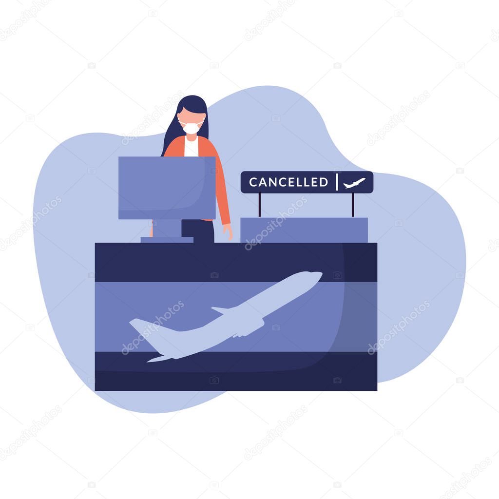 Woman with medical mask on airport reception vector design