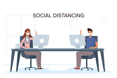 Sağlık maskesi takan genç bir çift ve iş yerinde sosyal mesafeler.