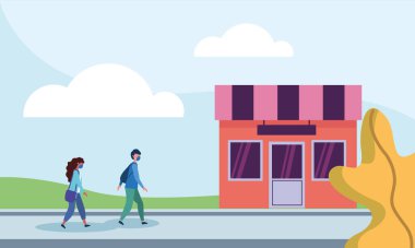 Sokak vektör tasarımında tıbbi maskeli kadın ve erkek