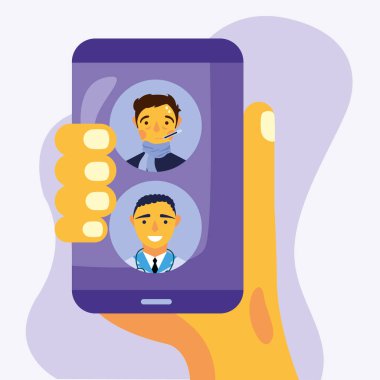 Online erkek doktor ve istemci akıllı telefon vektör tasarımında