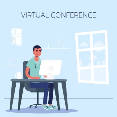 Sanal konferans iletişiminde masaüstünü kullanan adam