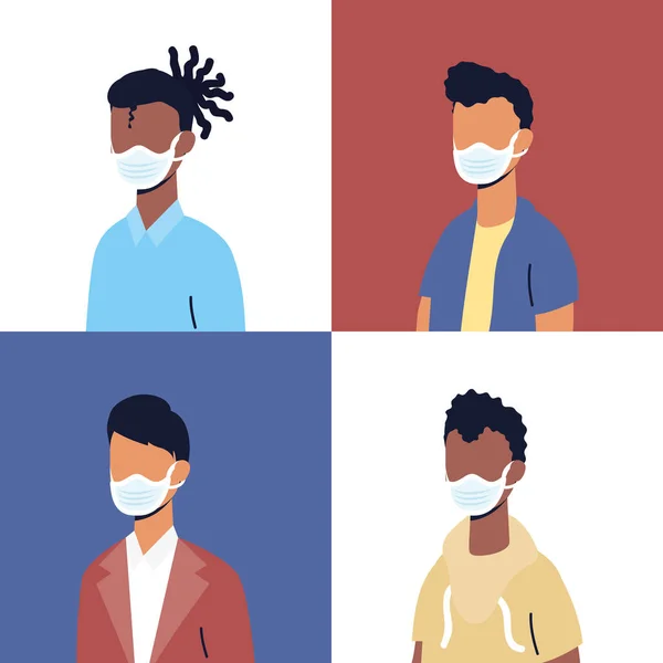 Група різноманітних чоловіків у персонажах медичних масок — стоковий вектор