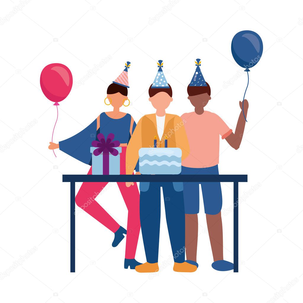 Men and woman with cake and gift vector design