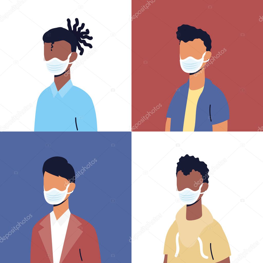 group of diversity men wearing medical masks characters