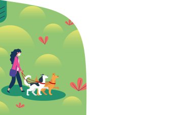 Park vektör tasarımında tıbbi maskeli ve köpekli bir kadın.
