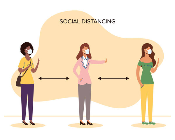 межрасовые женщины в медицинских масках и социальном дистанцировании
