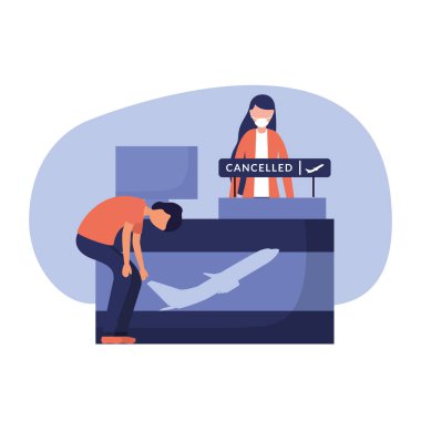 Havaalanı resepsiyonunda tıbbi maskeli kadın ve erkek vektör tasarımı