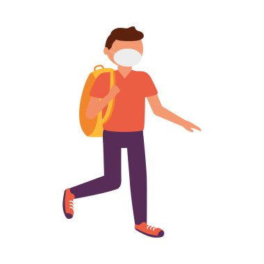 Tıbbi maskeli ve çanta vektör tasarımlı bir adam.