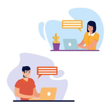 Dizüstü bilgisayarı ve kabarcık vektör tasarımlı kadın ve erkek.