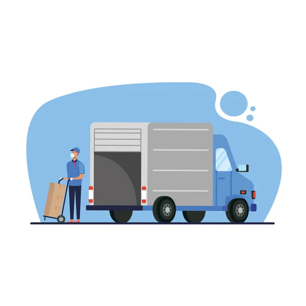 Leverans lastbil och man med lådor på vagn vektor design — Stock vektor