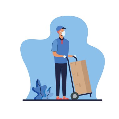 Maskeli bir teslimatçı ve taşıyıcı tasarımda kutuları var.